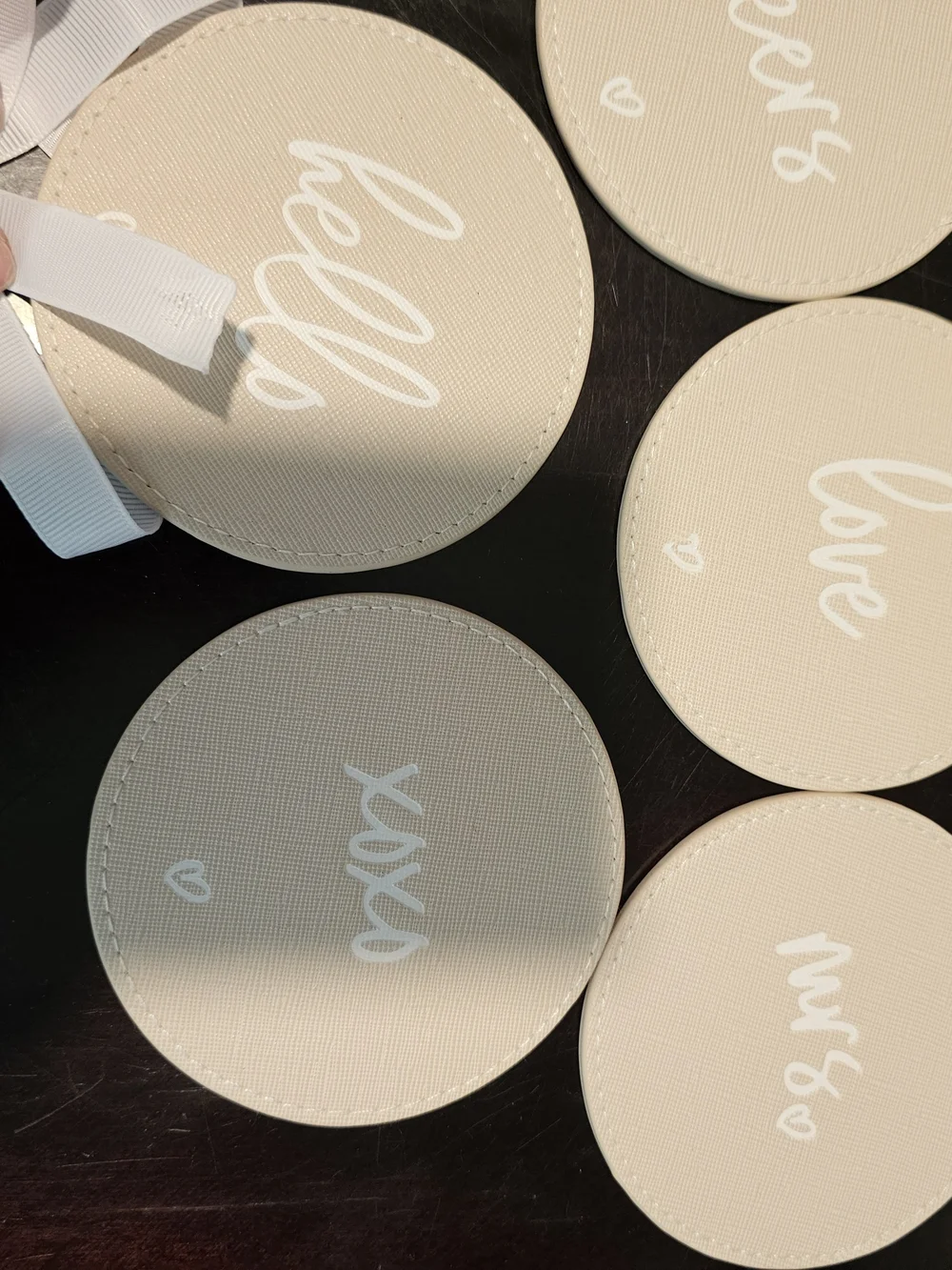 Leather Wedding Cream Round Party Coasters with White Script - Set of 5 New!